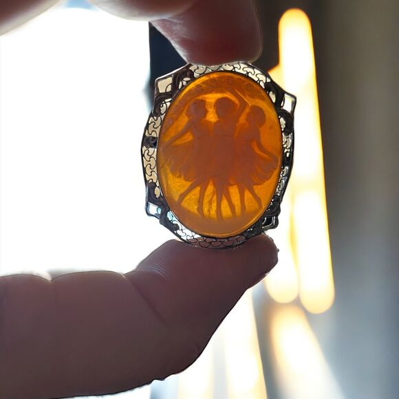 Vintage Silver Three Graces Shell Cameo Filigree Pin Pendant 3 Muses Brooch - Picture 6 of 6